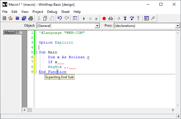 Simple syntax errors highlighted in the WinWrap® Basic IDE