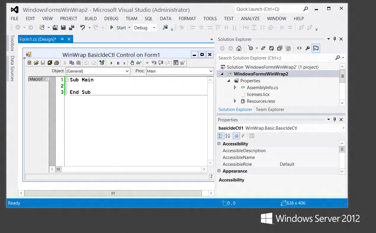 A Visual Studio 2012 Project with the WinWrap® Basic basicIdeCtl Control Running on Windows Server 2012